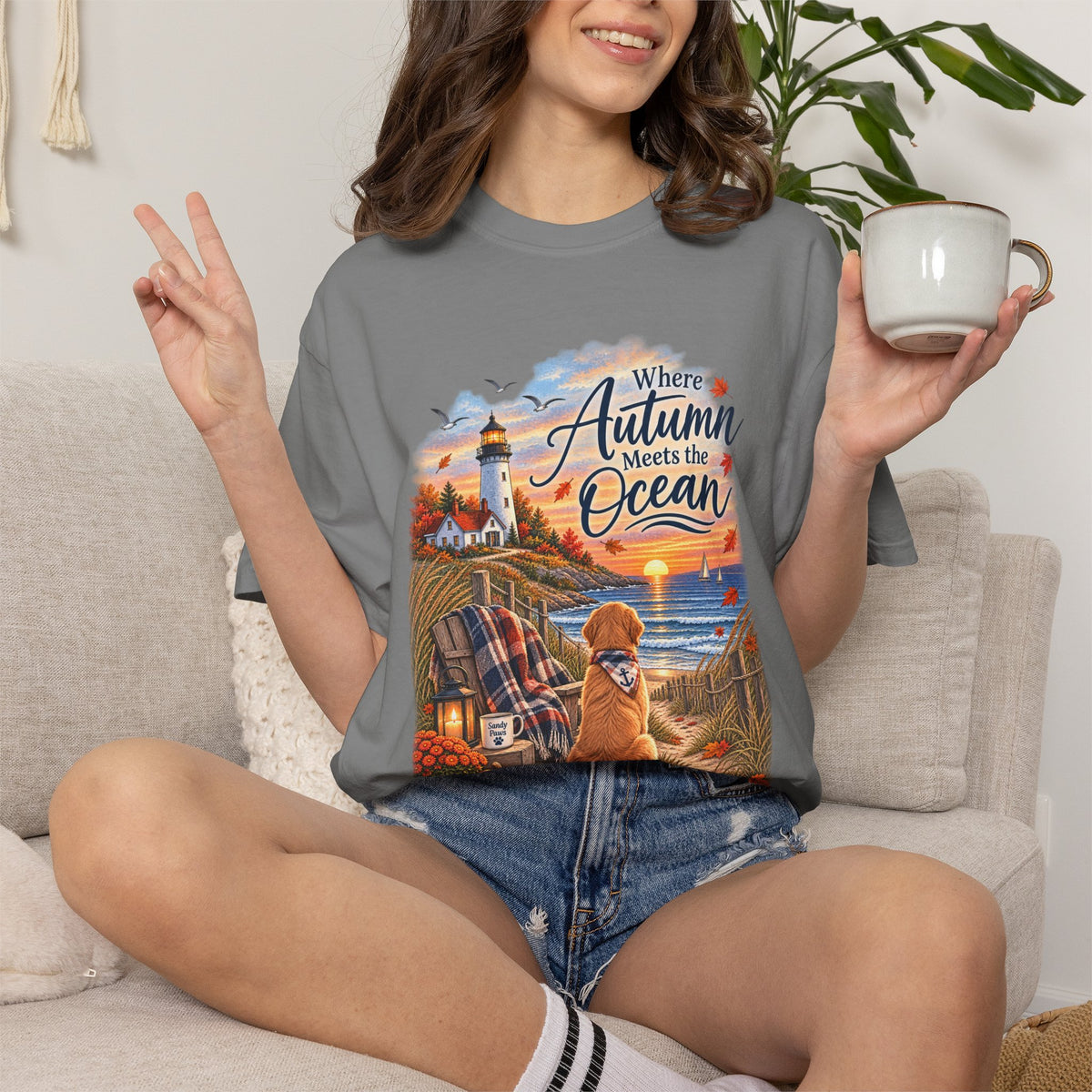 Autumn Meets the Ocean T-Shirt — Cozy Coastal Fall Tee with Golden Retriever