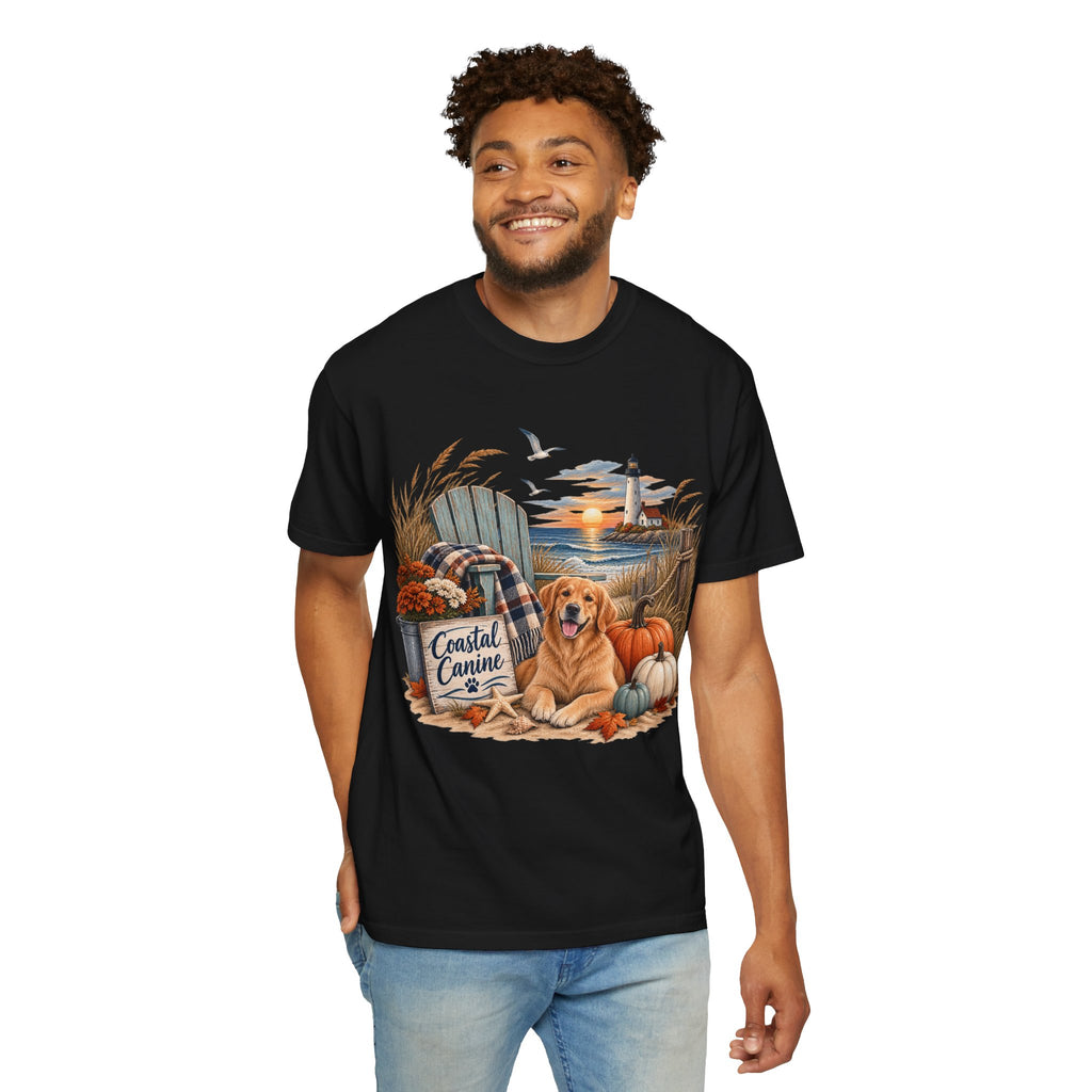 Coastal Canine Fall T-Shirt — Lighthouse, Labrador & Pumpkin Beach Tee