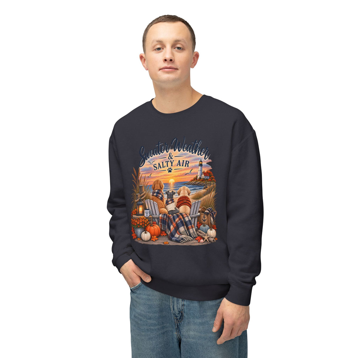 Sweater Weather & Salty Air Crewneck Sweatshirt — Coastal Fall Sunset Design