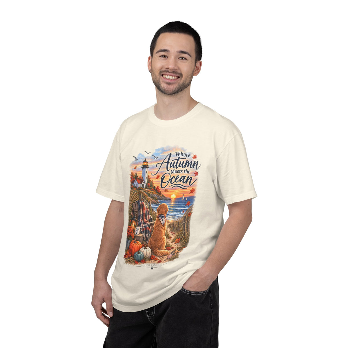 Autumn Meets the Ocean T-Shirt — Cozy Coastal Fall Tee with Golden Retriever