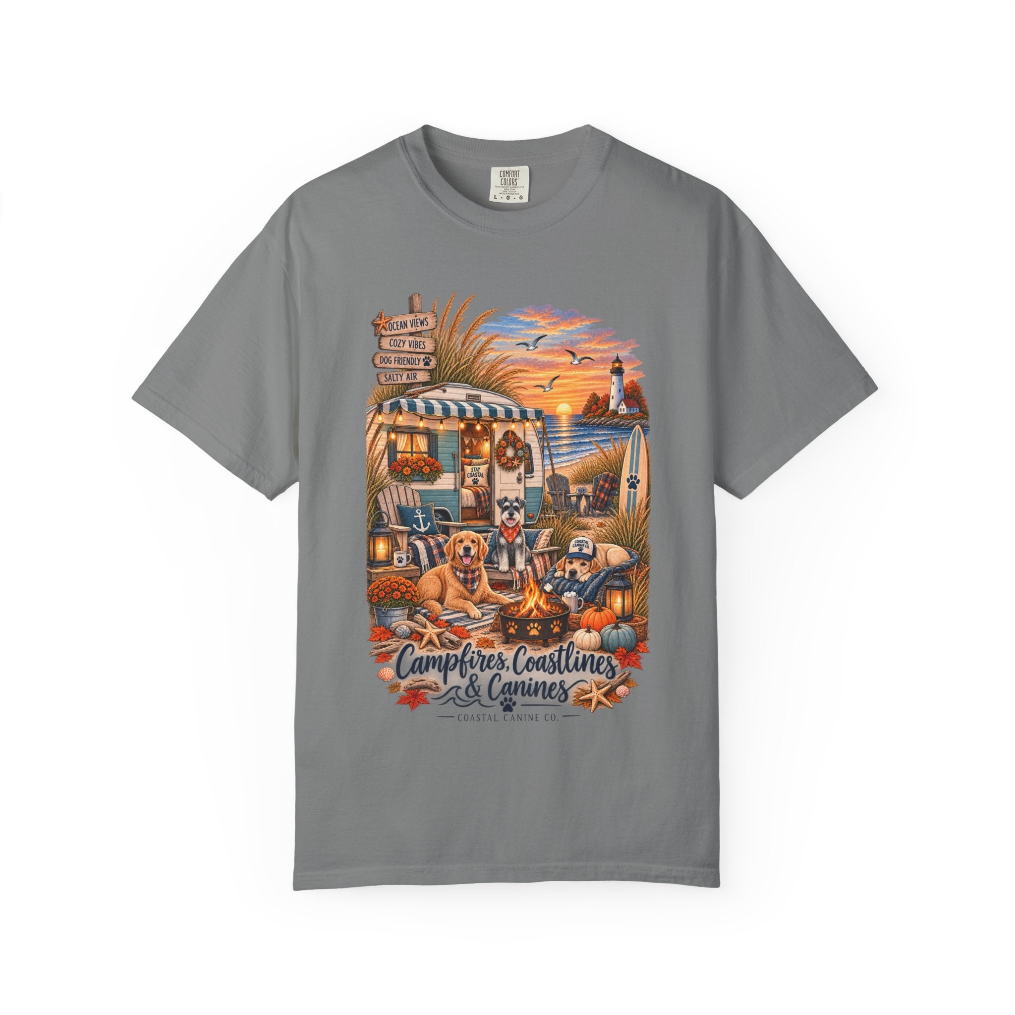 Campfires, Coastlines & Canines T-Shirt — Retro Camper Dog Camping Graphic Tee
