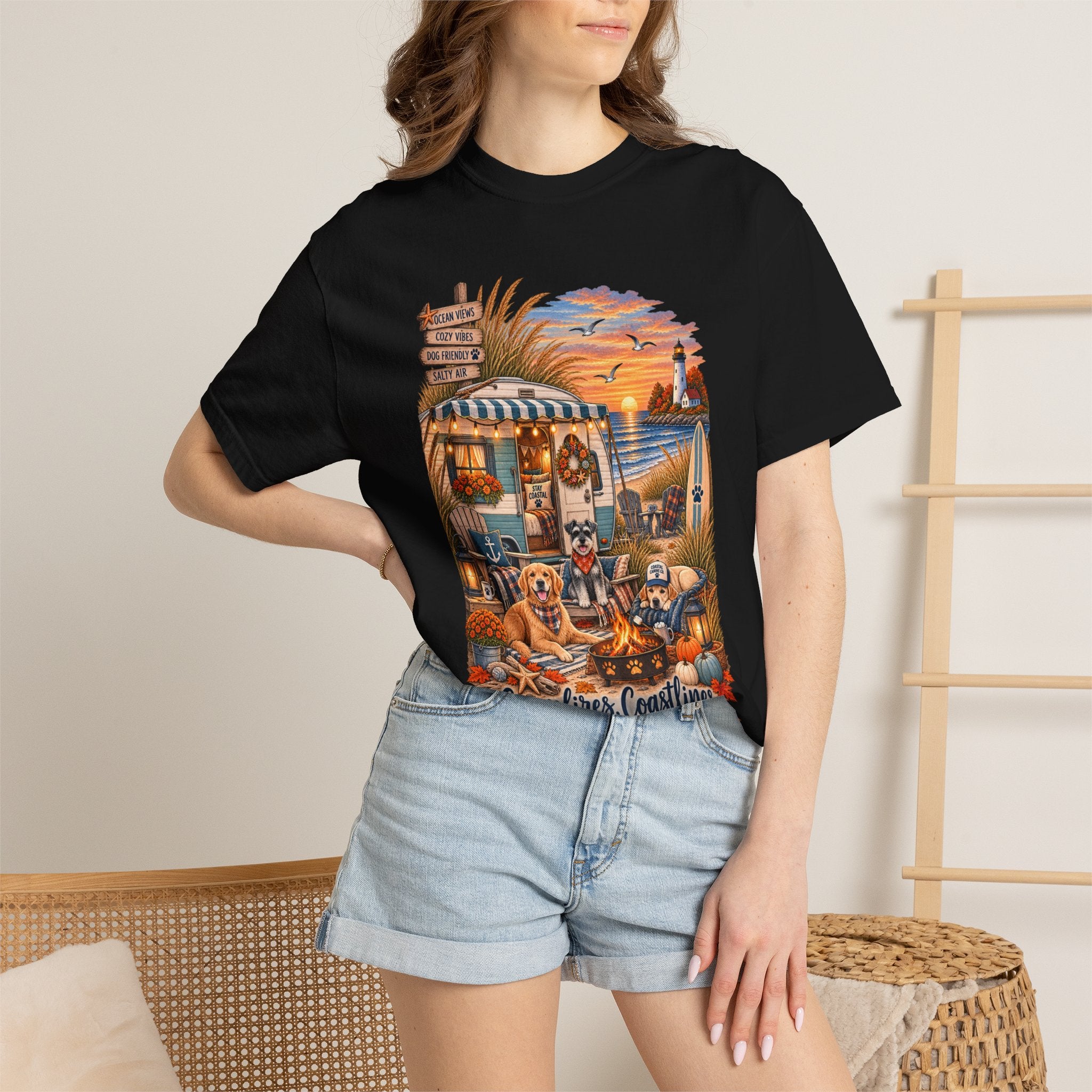 Campfires, Coastlines & Canines T-Shirt — Retro Camper Dog Camping Graphic Tee