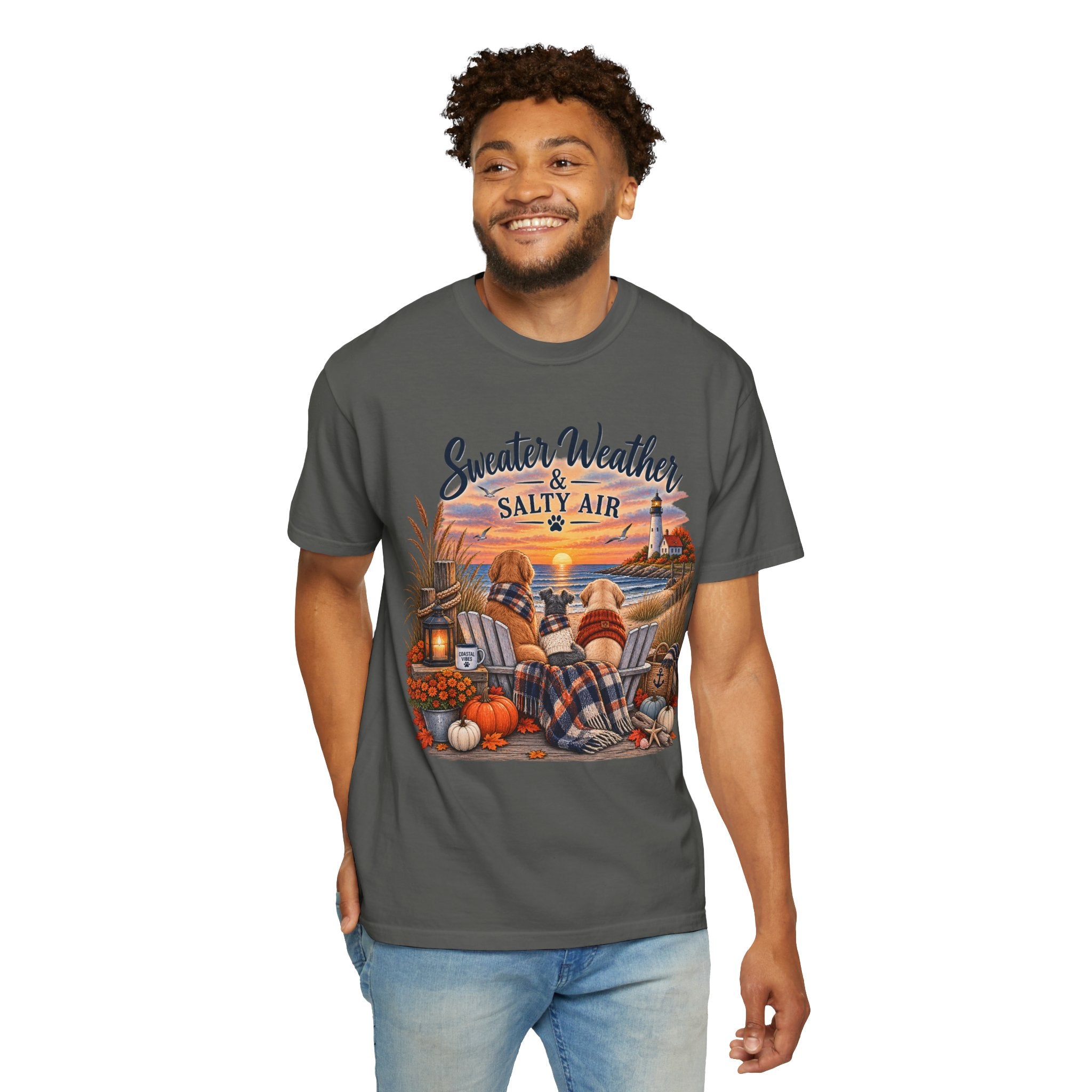 Sweater Weather & Salty Air T-Shirt — Autumn Beach Sunset Graphic Tee