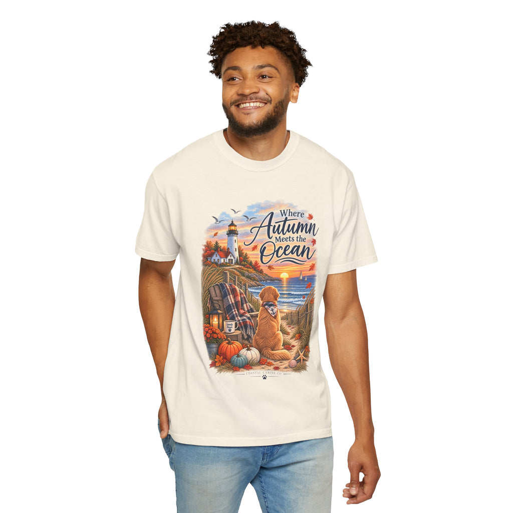 Autumn Meets the Ocean T-Shirt — Cozy Coastal Fall Tee with Golden Retriever