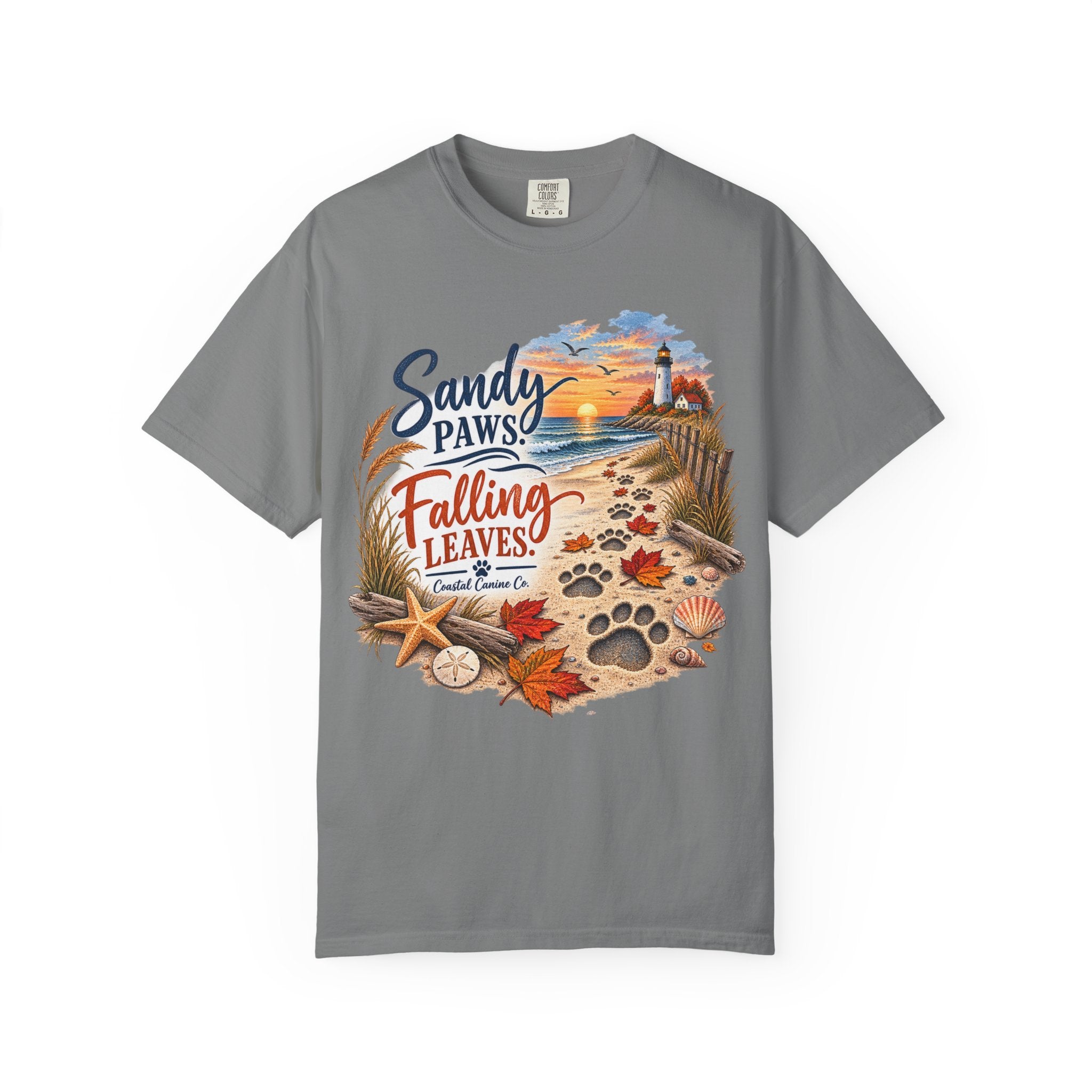 Sandy Paws Falling Leaves Beach T-Shirt — Autumn Coastal Dog Lover Tee