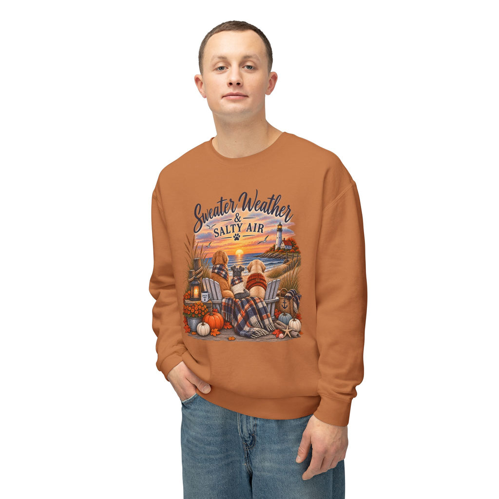 Sweater Weather & Salty Air Crewneck Sweatshirt — Coastal Fall Sunset Design