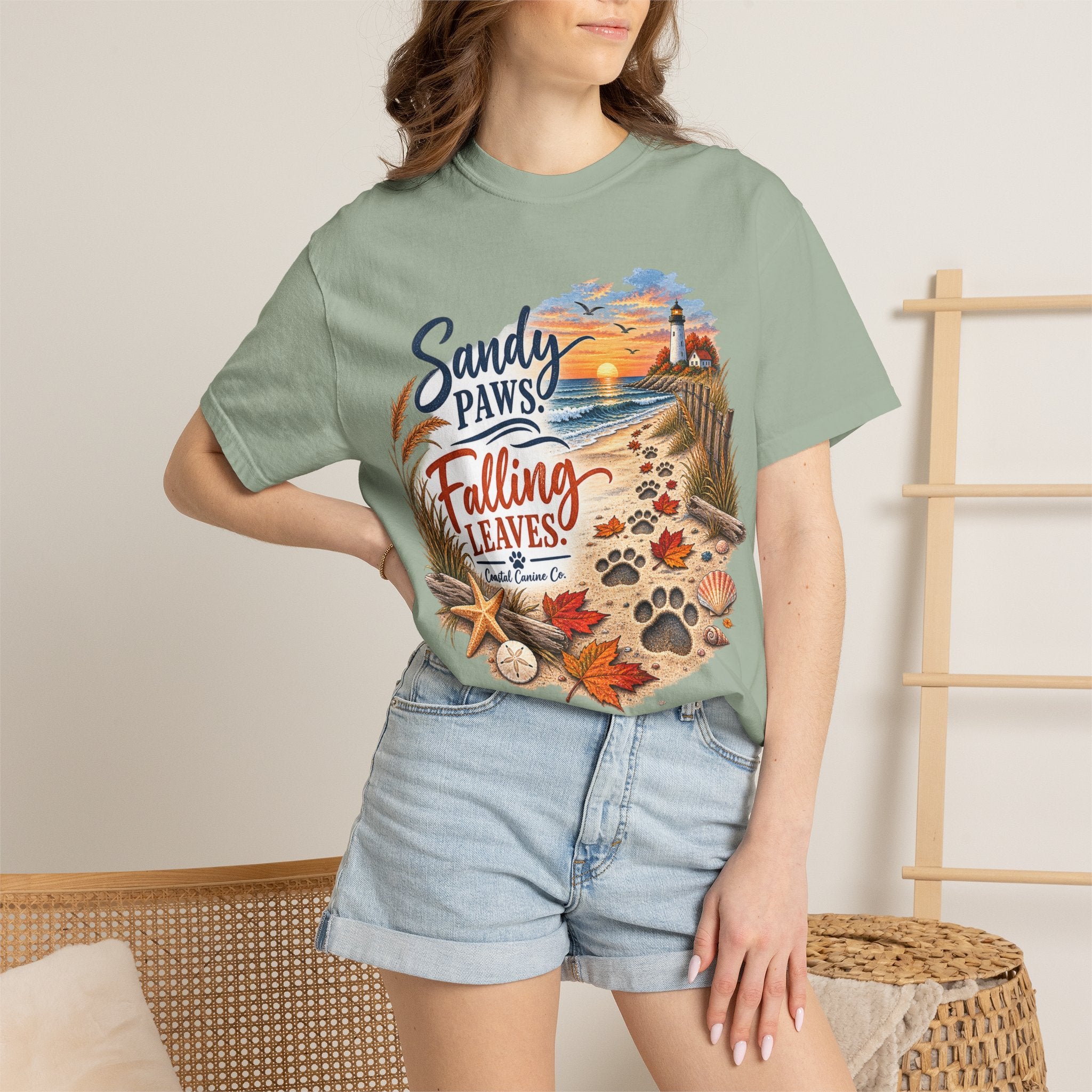 Sandy Paws Falling Leaves Beach T-Shirt — Autumn Coastal Dog Lover Tee