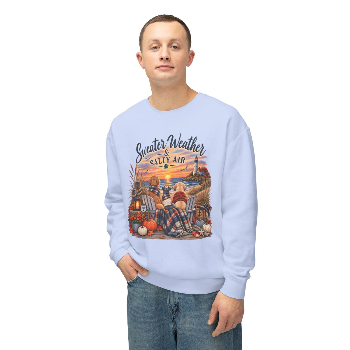Sweater Weather & Salty Air Crewneck Sweatshirt — Coastal Fall Sunset Design