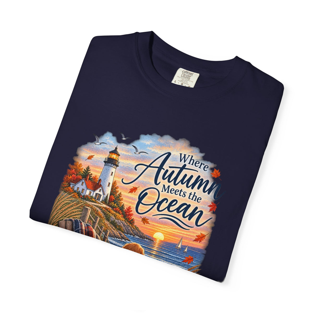 Autumn Meets the Ocean T-Shirt — Cozy Coastal Fall Tee with Golden Retriever