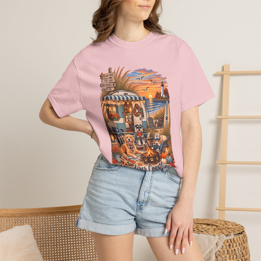 Campfires, Coastlines & Canines T-Shirt — Retro Camper Dog Camping Graphic Tee