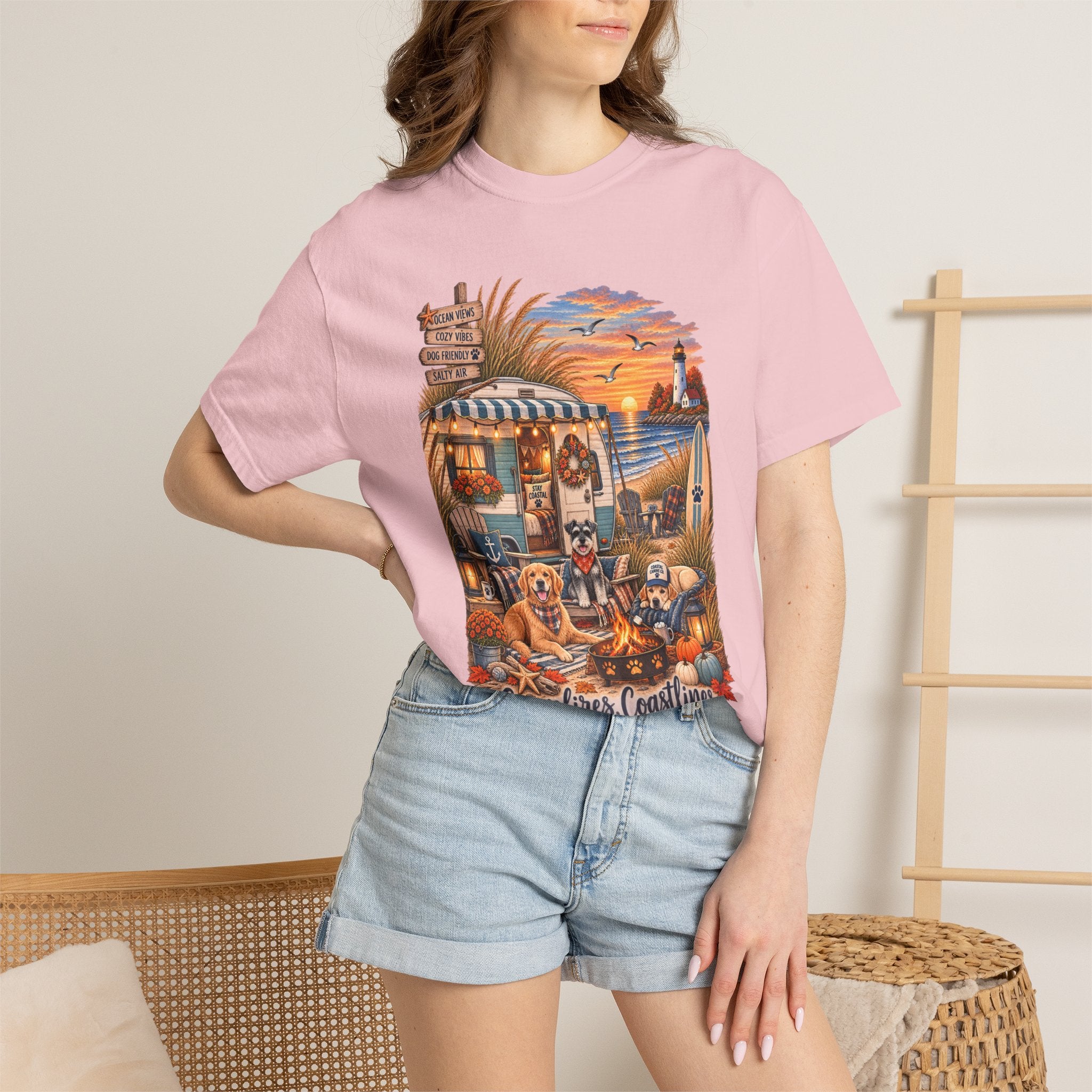 Campfires, Coastlines & Canines T-Shirt — Retro Camper Dog Camping Graphic Tee