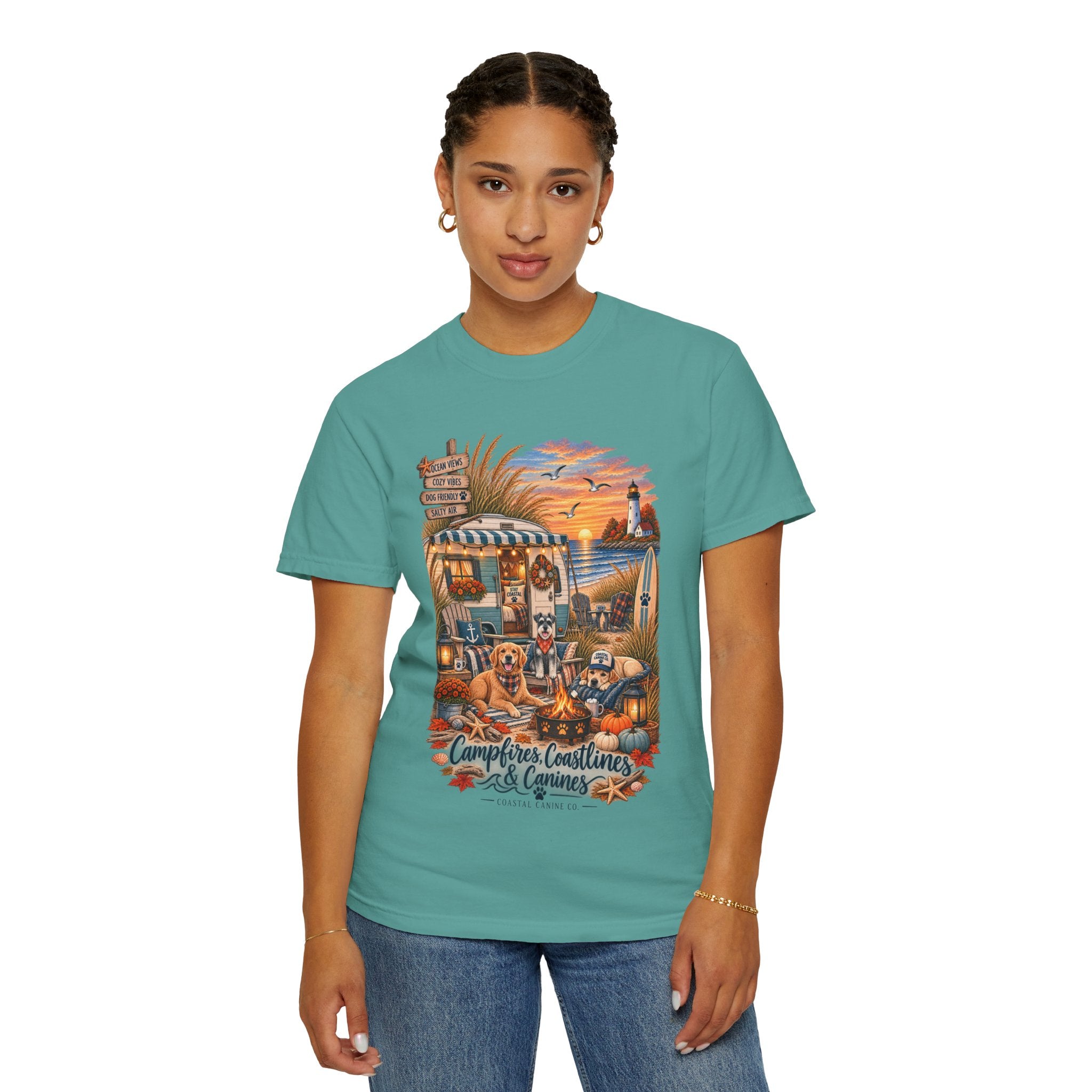 Campfires, Coastlines & Canines T-Shirt — Retro Camper Dog Camping Graphic Tee