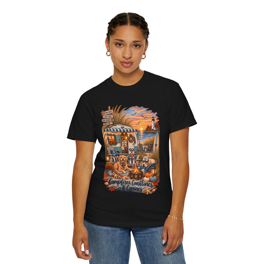 Campfires, Coastlines & Canines T-Shirt — Retro Camper Dog Camping Graphic Tee