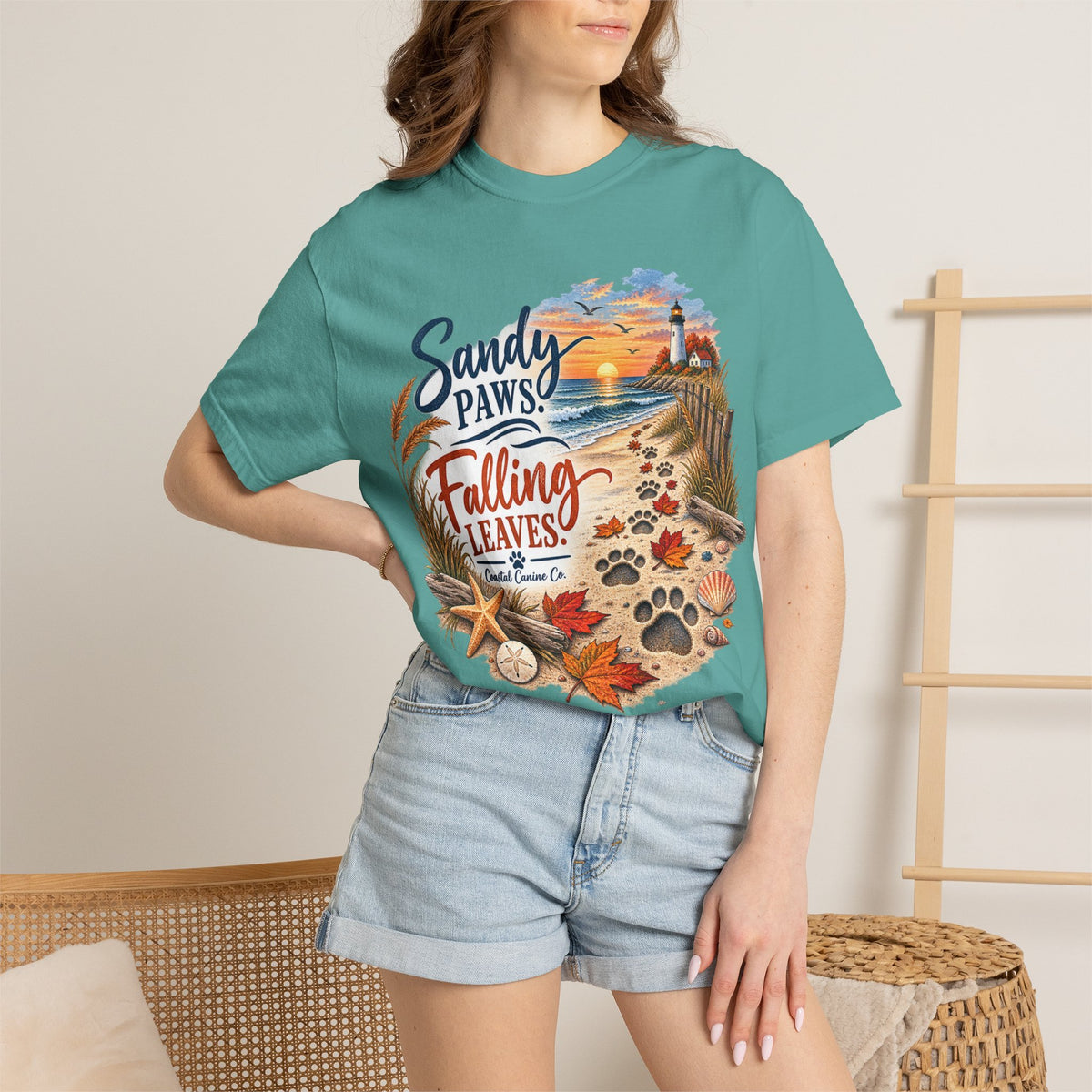 Sandy Paws Falling Leaves Beach T-Shirt — Autumn Coastal Dog Lover Tee