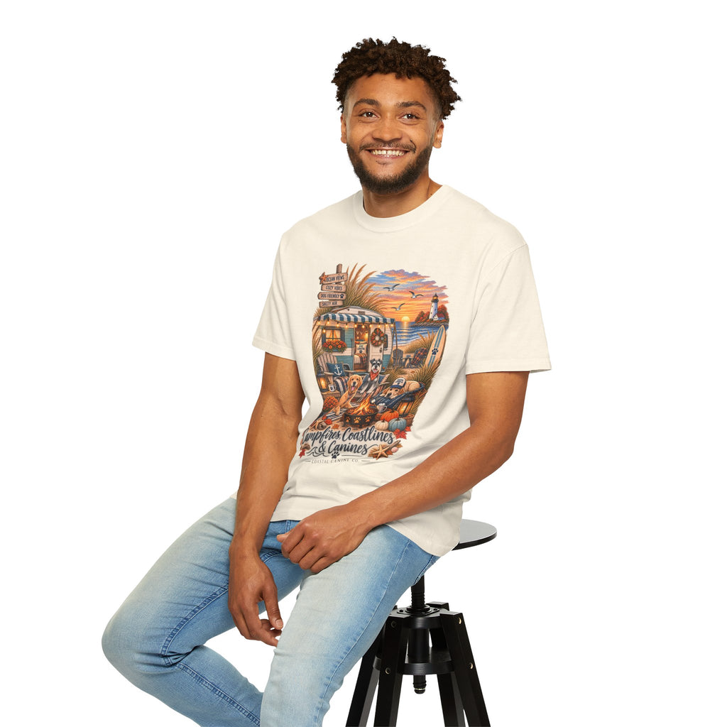 Campfires, Coastlines & Canines T-Shirt — Retro Camper Dog Camping Graphic Tee