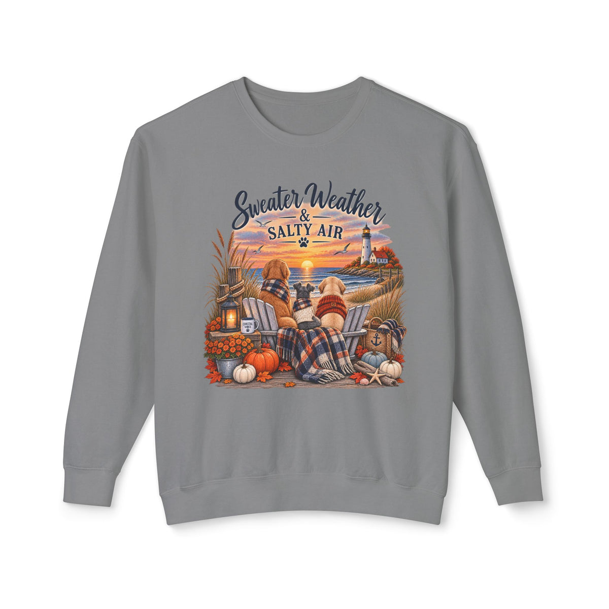 Sweater Weather & Salty Air Crewneck Sweatshirt — Coastal Fall Sunset Design