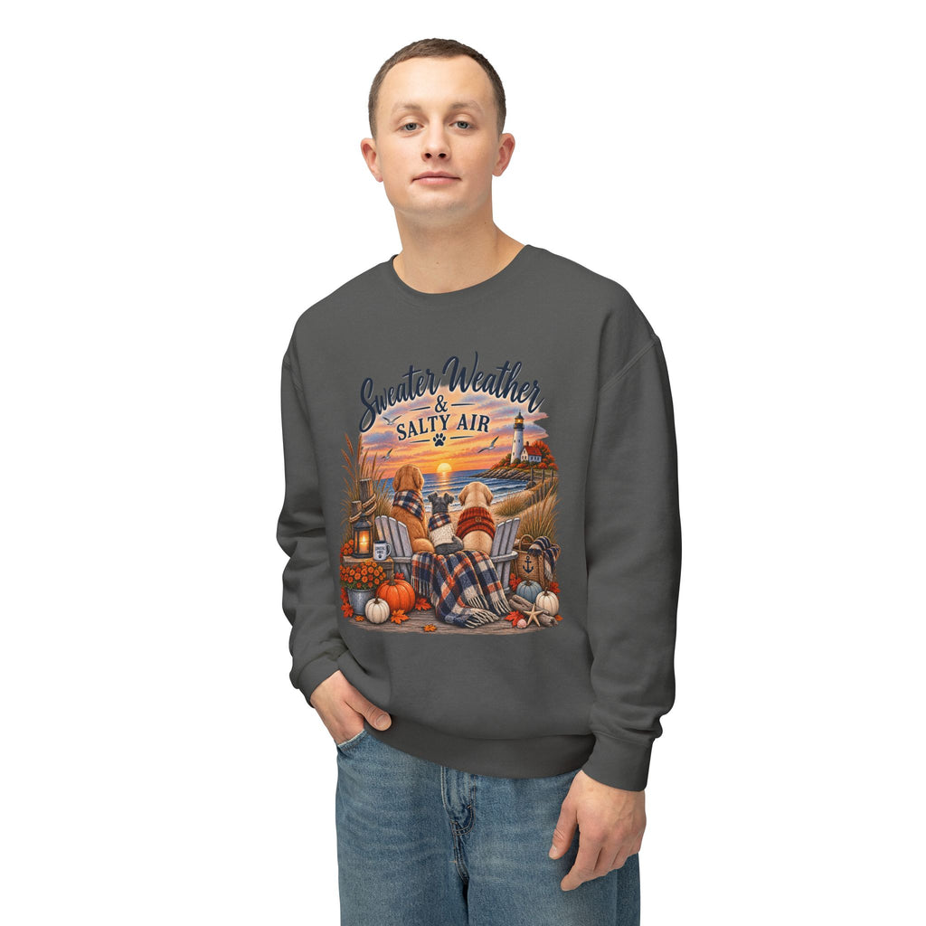 Sweater Weather & Salty Air Crewneck Sweatshirt — Coastal Fall Sunset Design