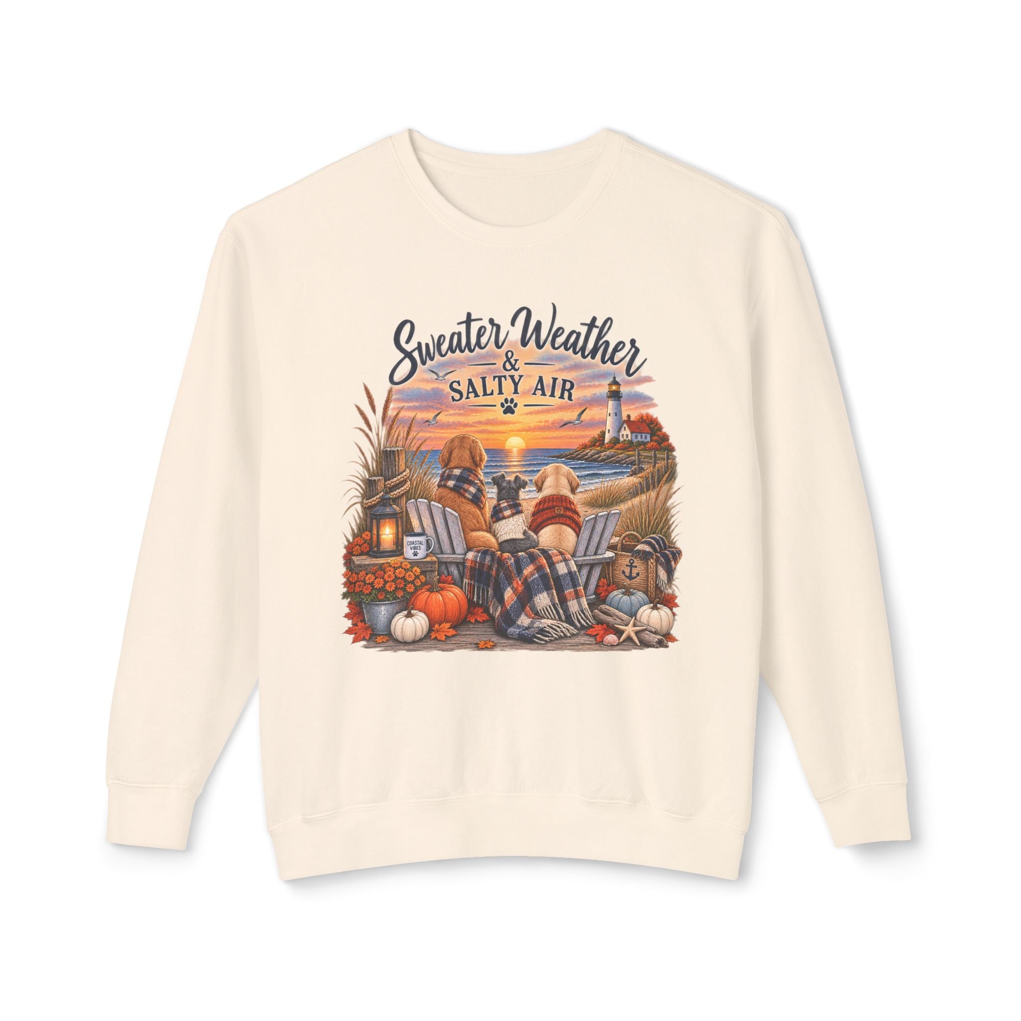 Sweater Weather & Salty Air Crewneck Sweatshirt — Coastal Fall Sunset Design