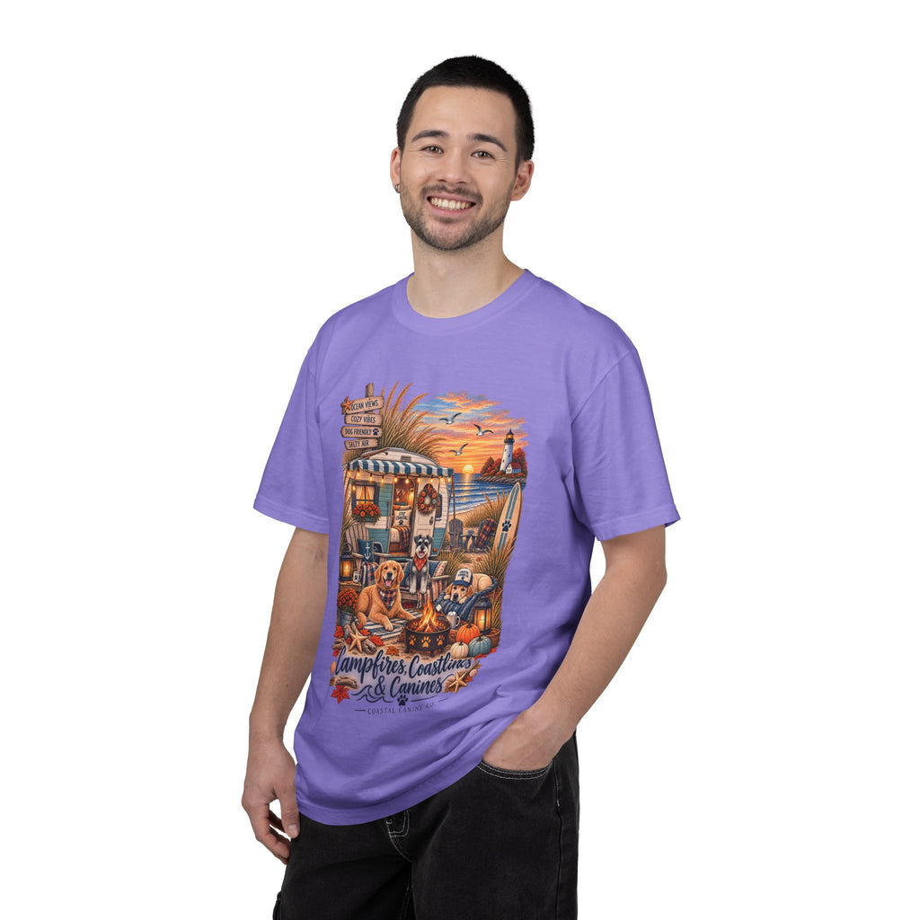 Campfires, Coastlines & Canines T-Shirt — Retro Camper Dog Camping Graphic Tee