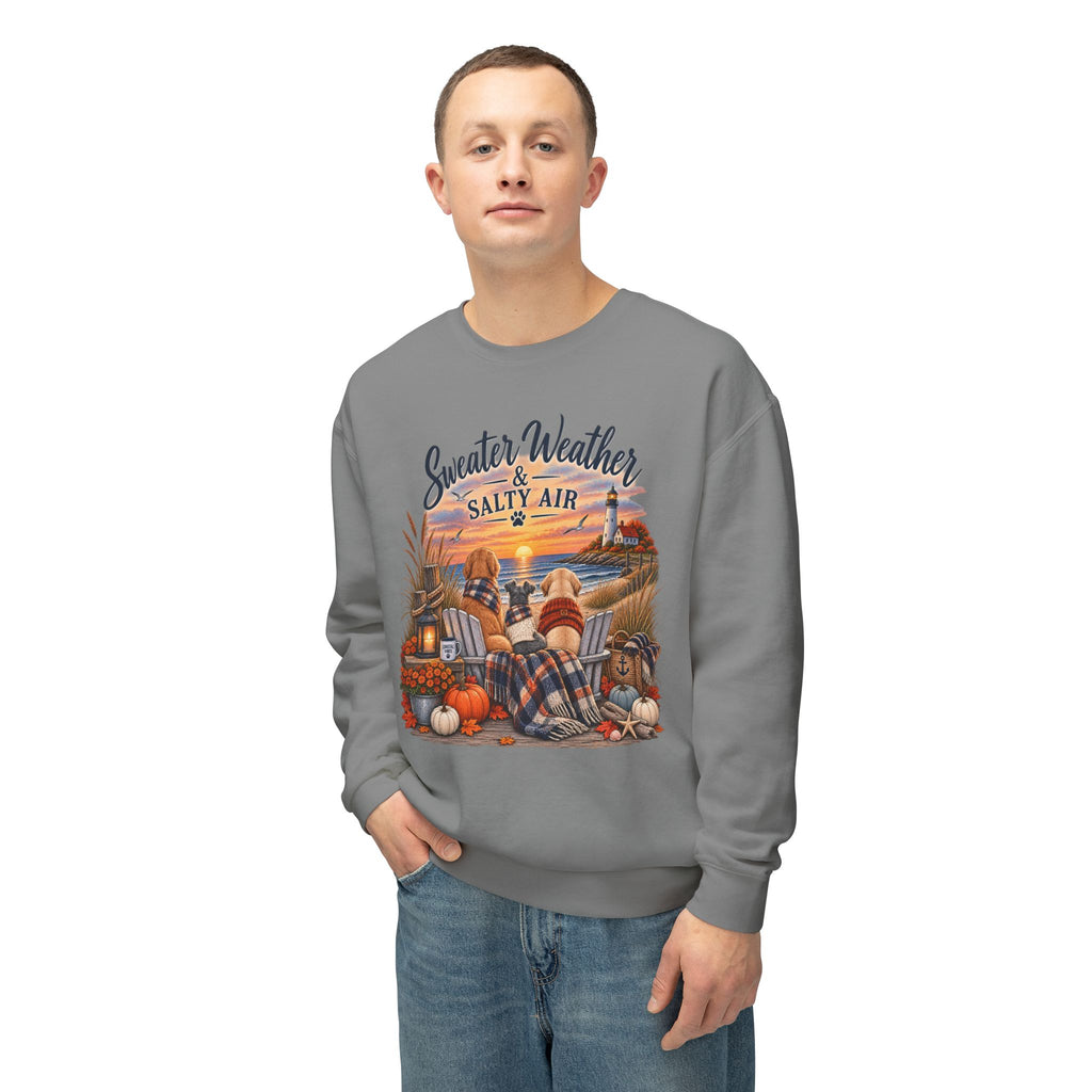 Sweater Weather & Salty Air Crewneck Sweatshirt — Coastal Fall Sunset Design