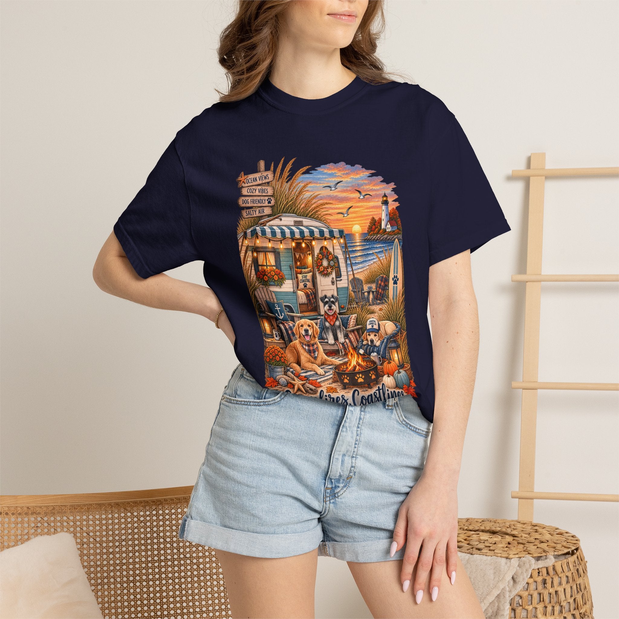 Campfires, Coastlines & Canines T-Shirt — Retro Camper Dog Camping Graphic Tee