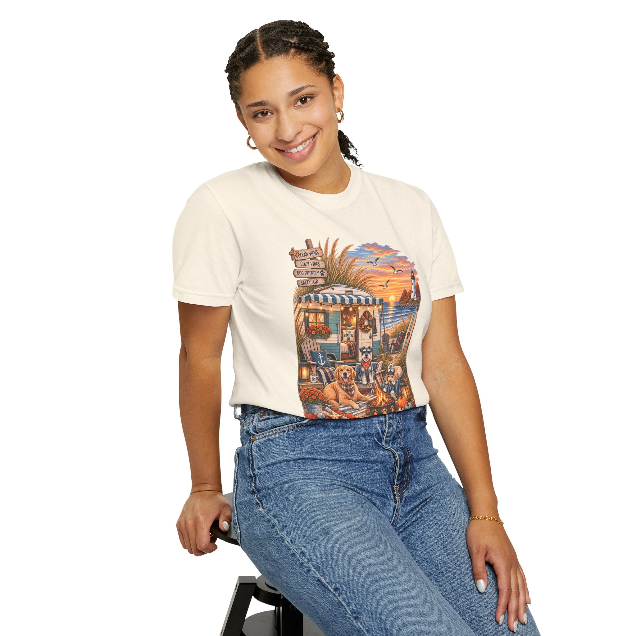 Campfires, Coastlines & Canines T-Shirt — Retro Camper Dog Camping Graphic Tee