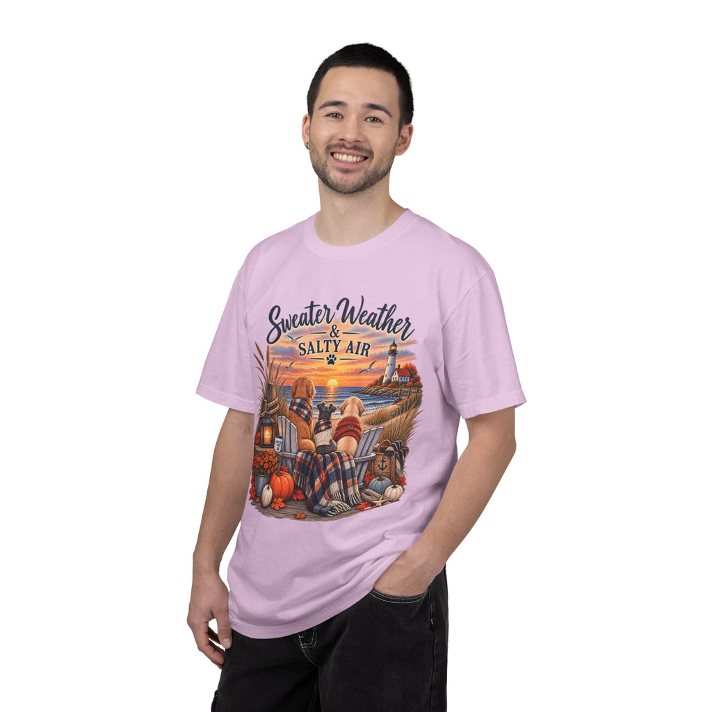 Sweater Weather & Salty Air T-Shirt — Autumn Beach Sunset Graphic Tee