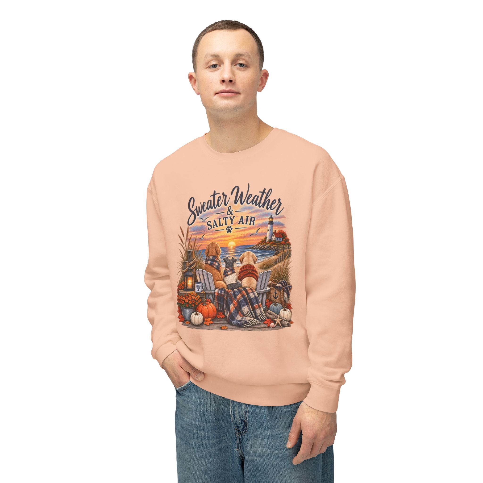Sweater Weather & Salty Air Crewneck Sweatshirt — Coastal Fall Sunset Design