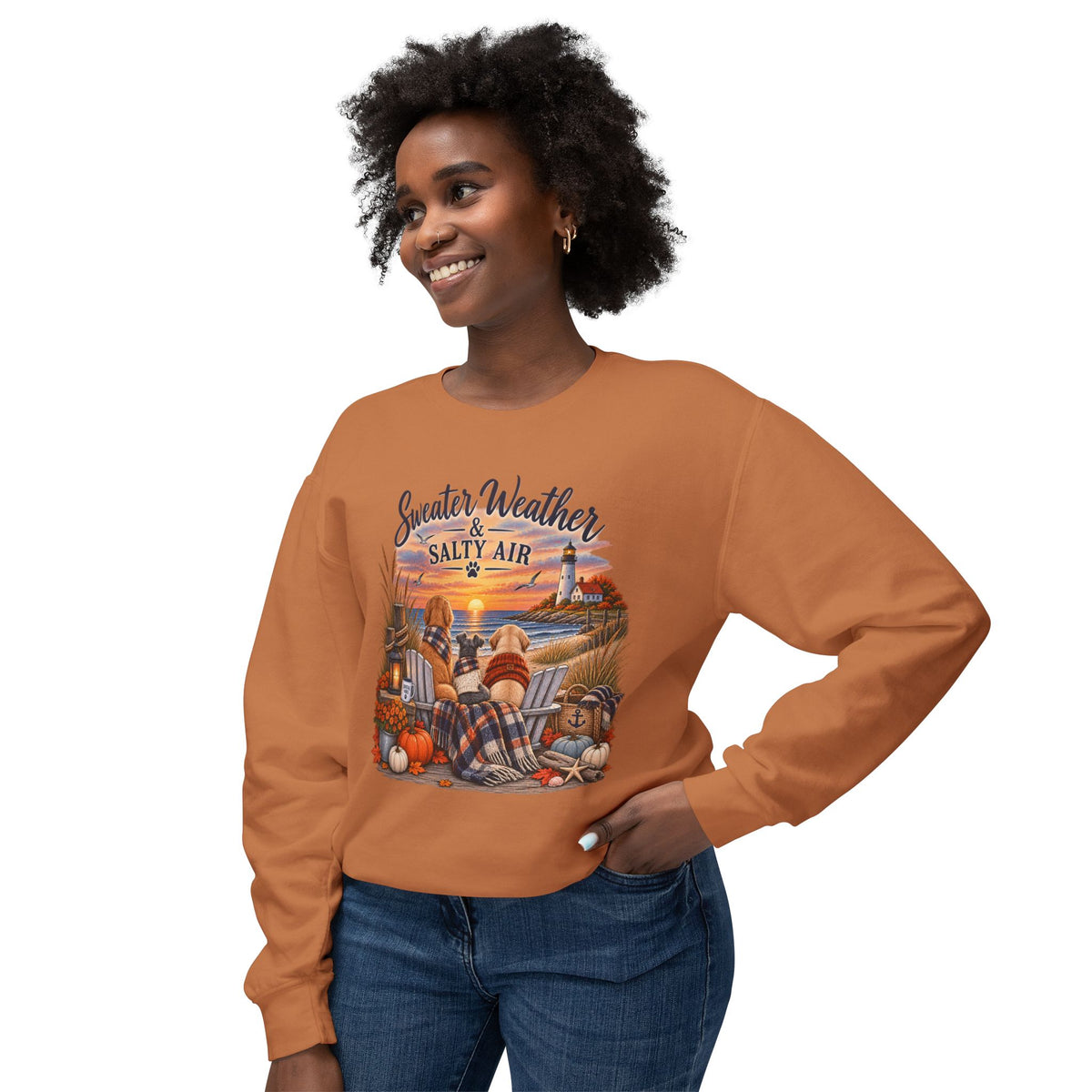 Sweater Weather & Salty Air Crewneck Sweatshirt — Coastal Fall Sunset Design