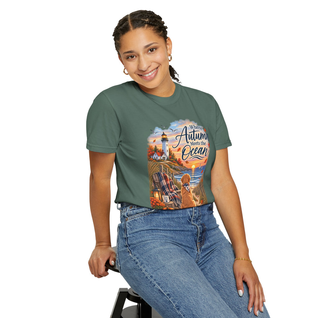 Autumn Meets the Ocean T-Shirt — Cozy Coastal Fall Tee with Golden Retriever
