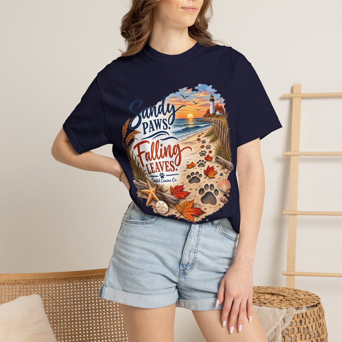 Sandy Paws Falling Leaves Beach T-Shirt — Autumn Coastal Dog Lover Tee