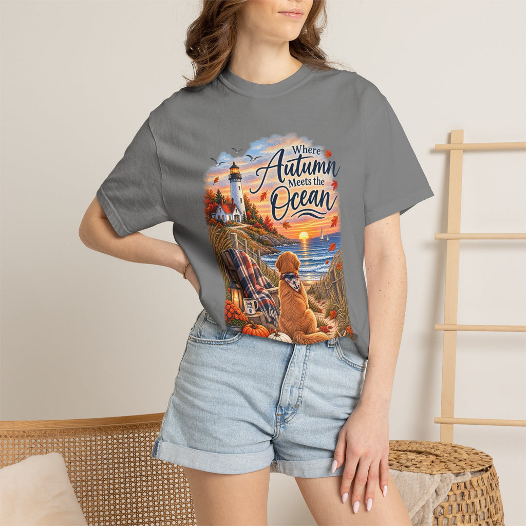 Autumn Meets the Ocean T-Shirt — Cozy Coastal Fall Tee with Golden Retriever