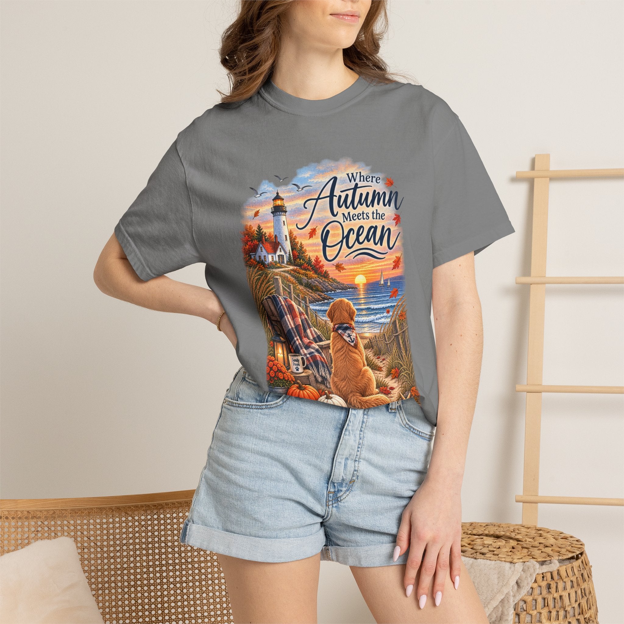 Autumn Meets the Ocean T-Shirt — Cozy Coastal Fall Tee with Golden Retriever