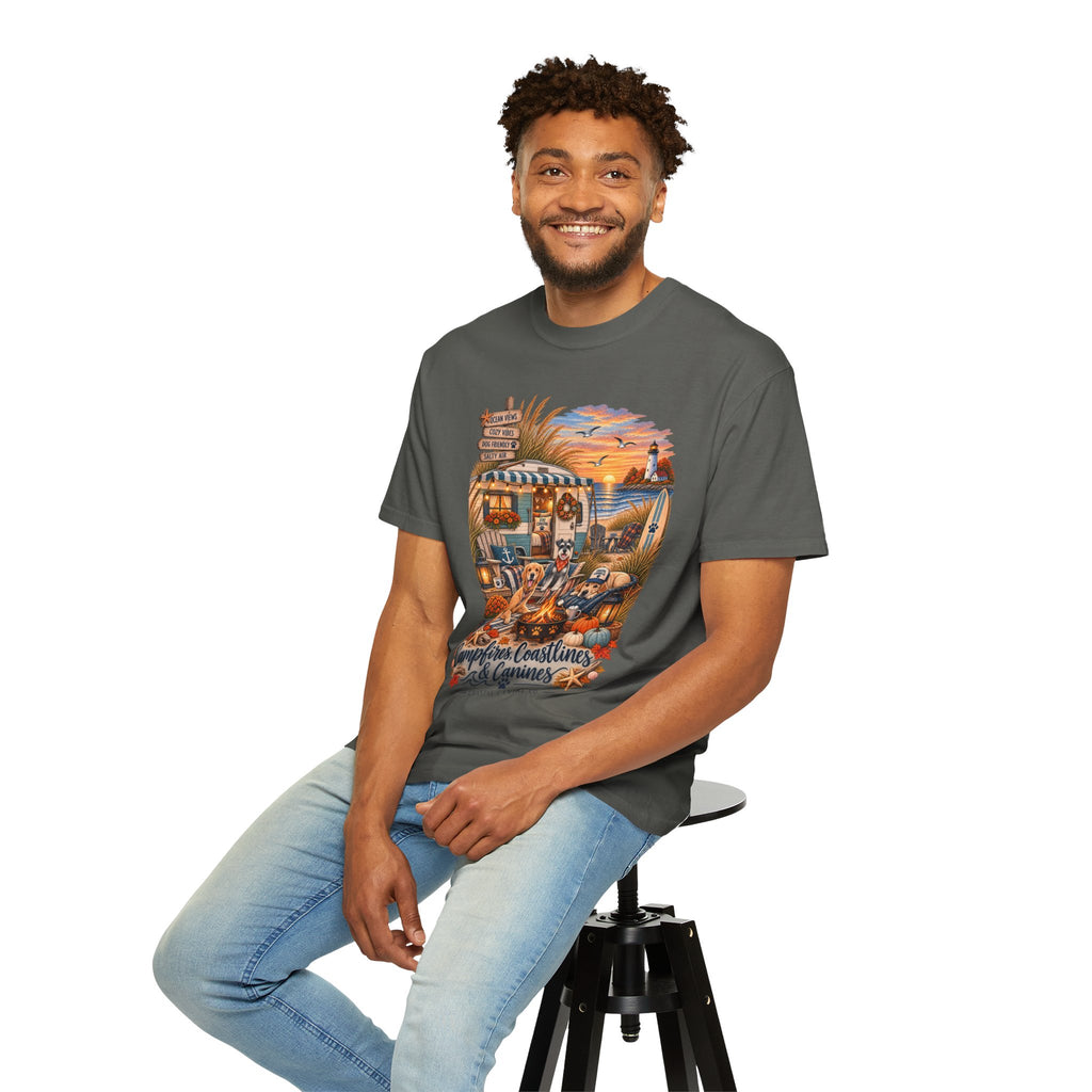 Campfires, Coastlines & Canines T-Shirt — Retro Camper Dog Camping Graphic Tee