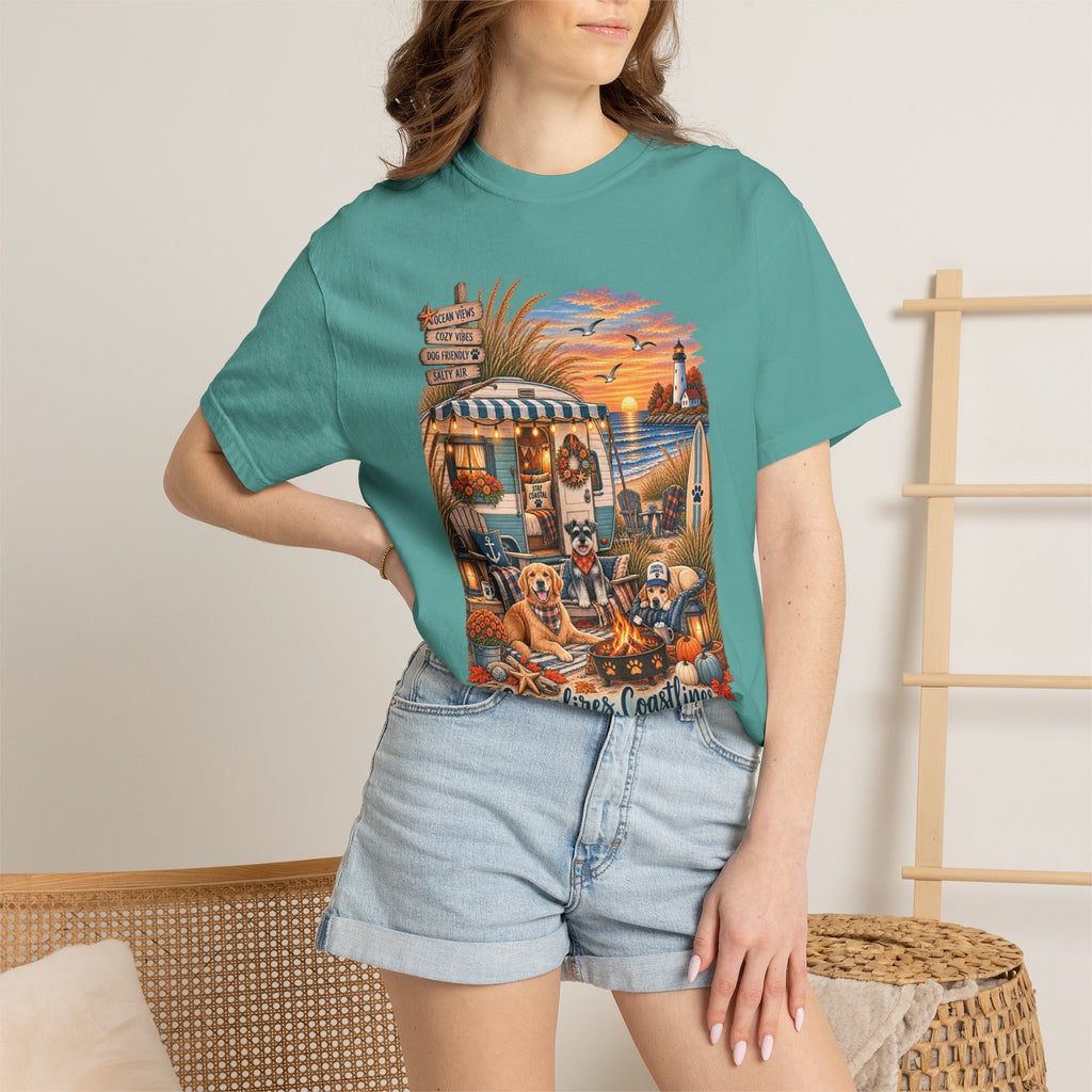 Campfires, Coastlines & Canines T-Shirt — Retro Camper Dog Camping Graphic Tee