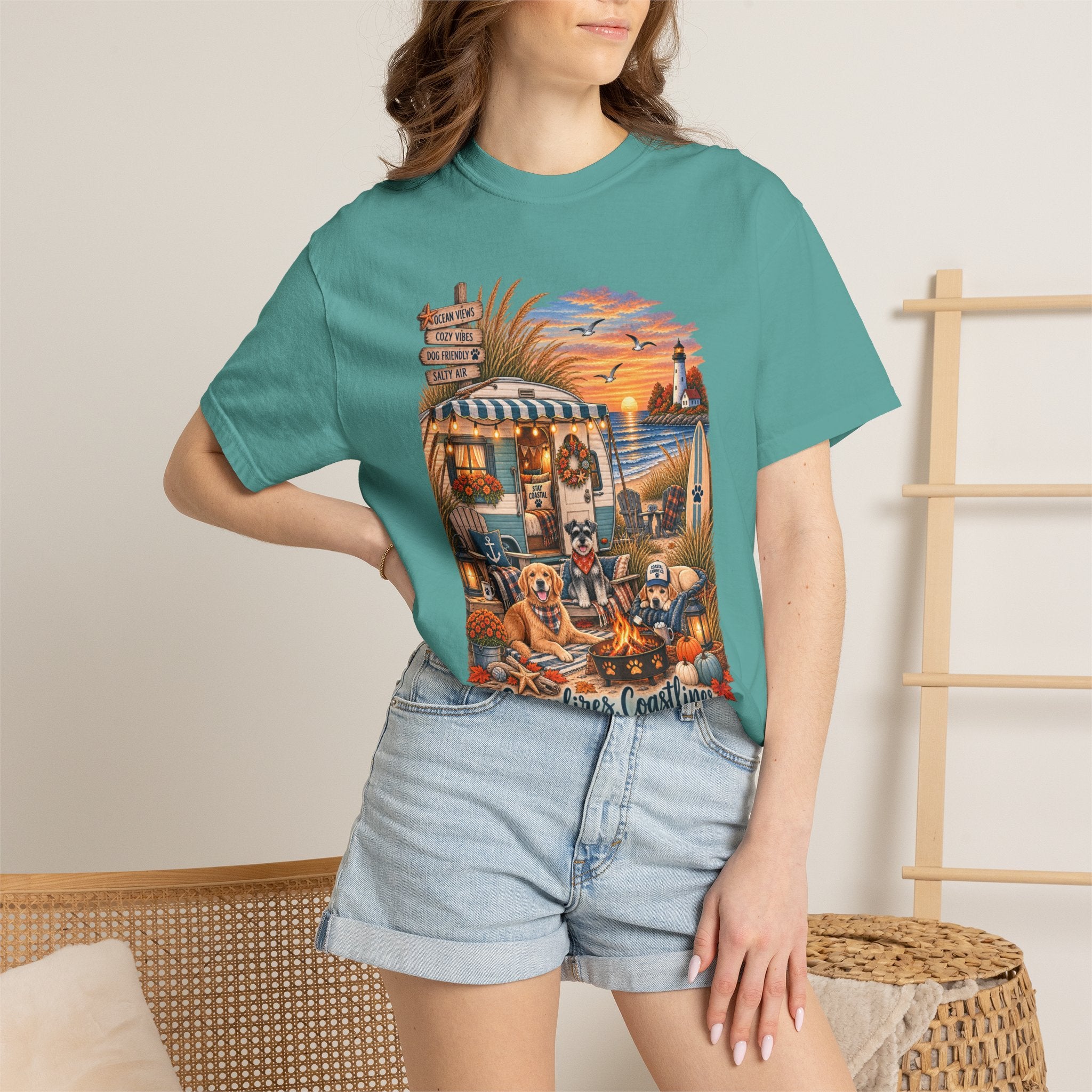 Campfires, Coastlines & Canines T-Shirt — Retro Camper Dog Camping Graphic Tee