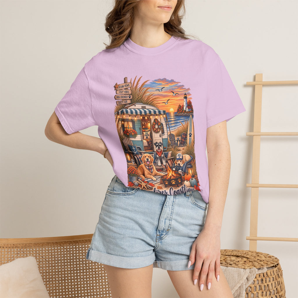 Campfires, Coastlines & Canines T-Shirt — Retro Camper Dog Camping Graphic Tee