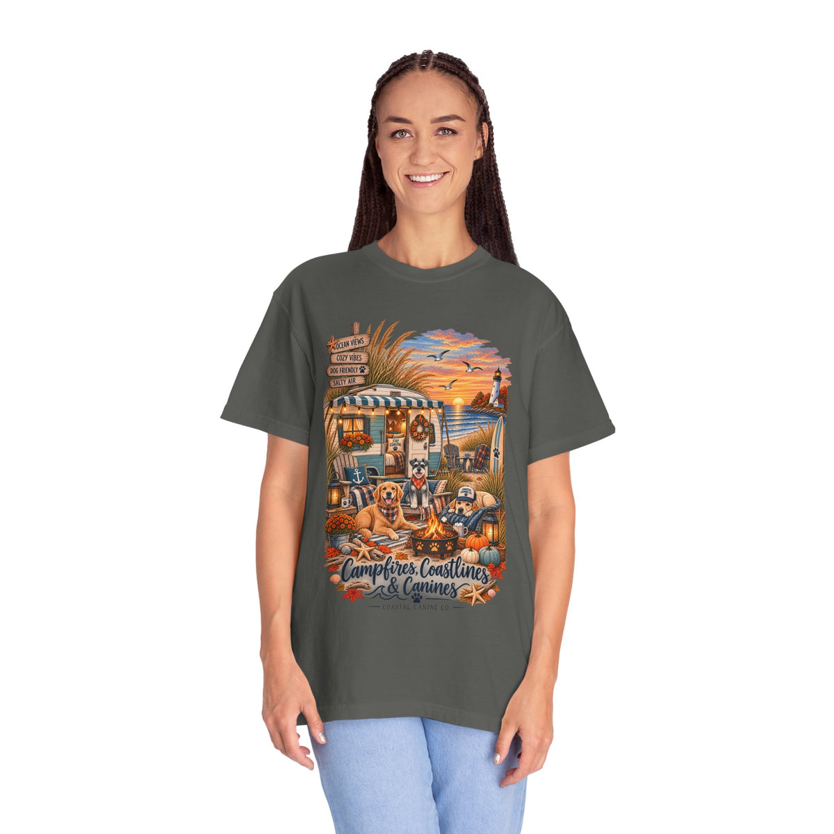 Campfires, Coastlines & Canines T-Shirt — Retro Camper Dog Camping Graphic Tee