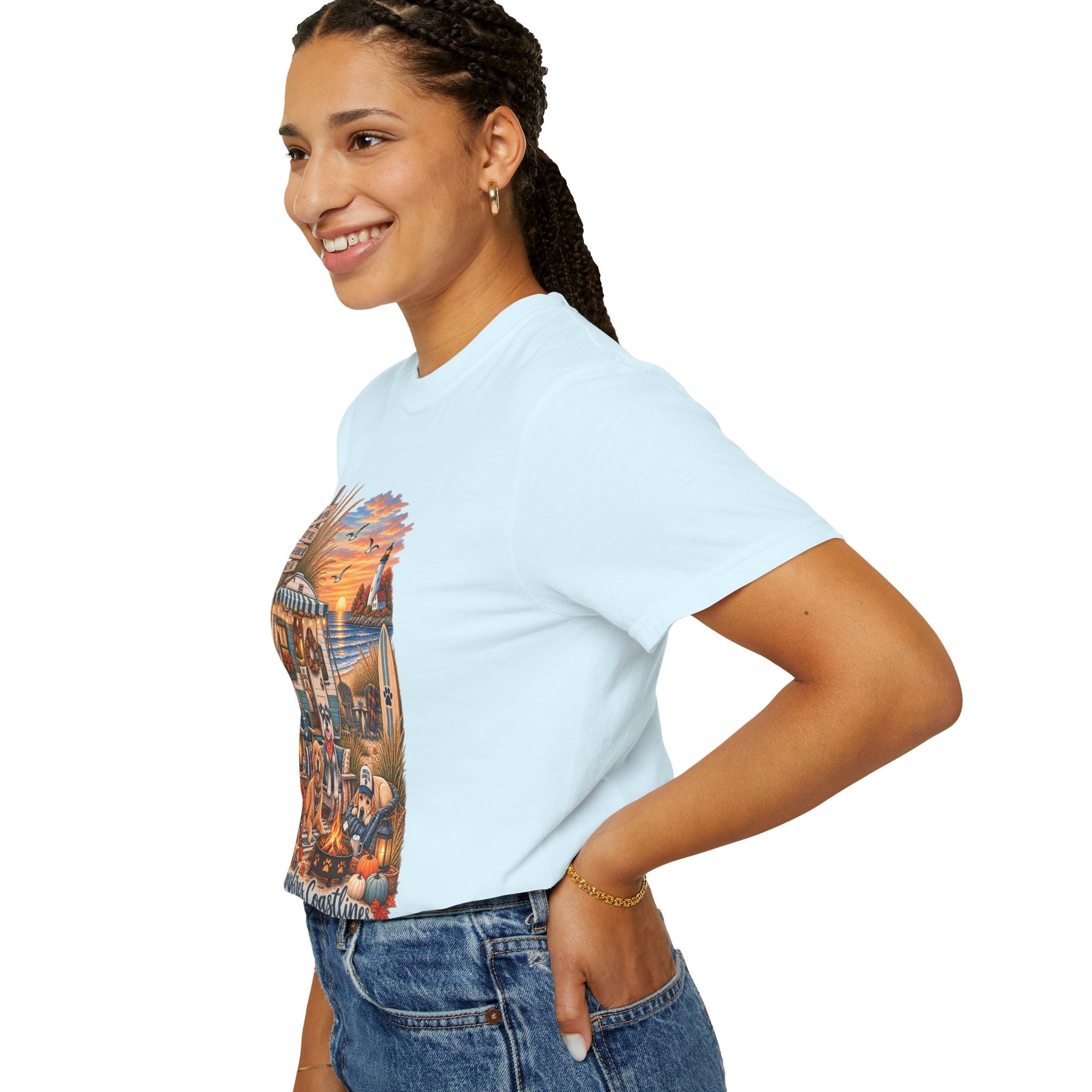 Campfires, Coastlines & Canines T-Shirt — Retro Camper Dog Camping Graphic Tee