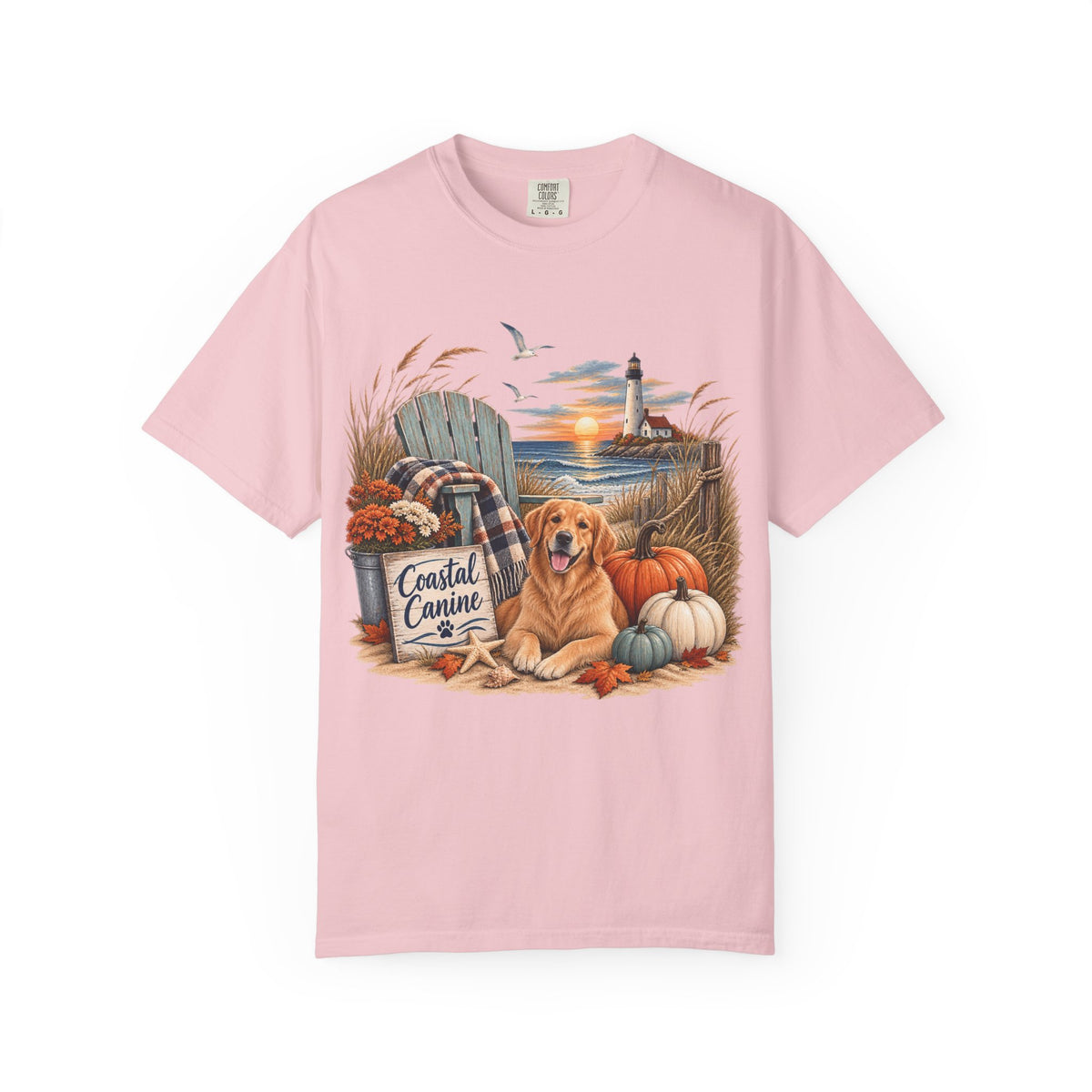 Coastal Canine Fall T-Shirt — Lighthouse, Labrador & Pumpkin Beach Tee