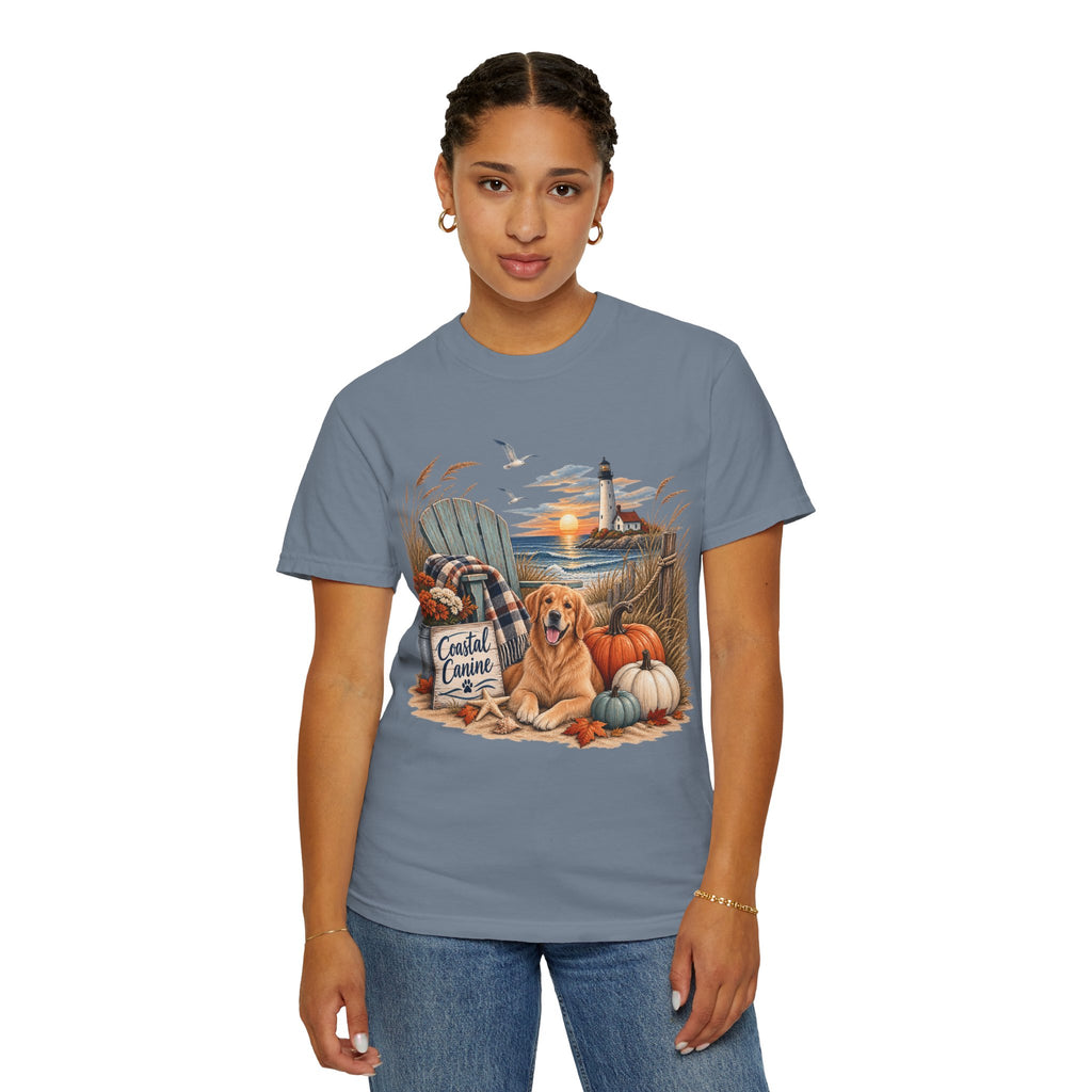 Coastal Canine Fall T-Shirt — Lighthouse, Labrador & Pumpkin Beach Tee