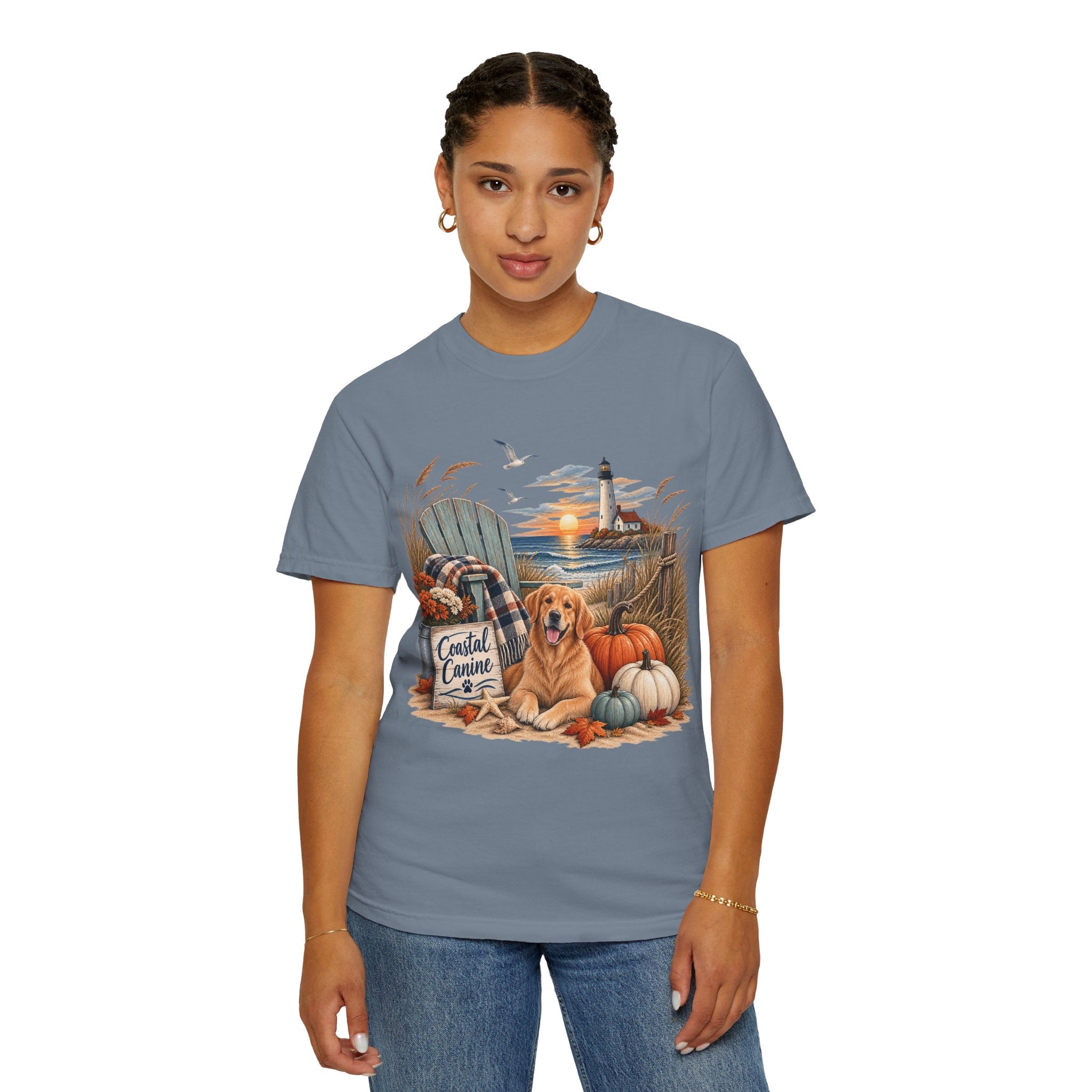 Coastal Canine Fall T-Shirt — Lighthouse, Labrador & Pumpkin Beach Tee