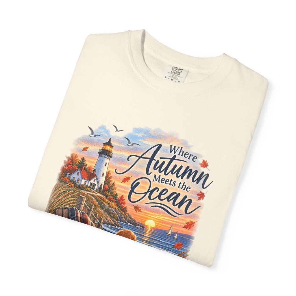 Autumn Meets the Ocean T-Shirt — Cozy Coastal Fall Tee with Golden Retriever