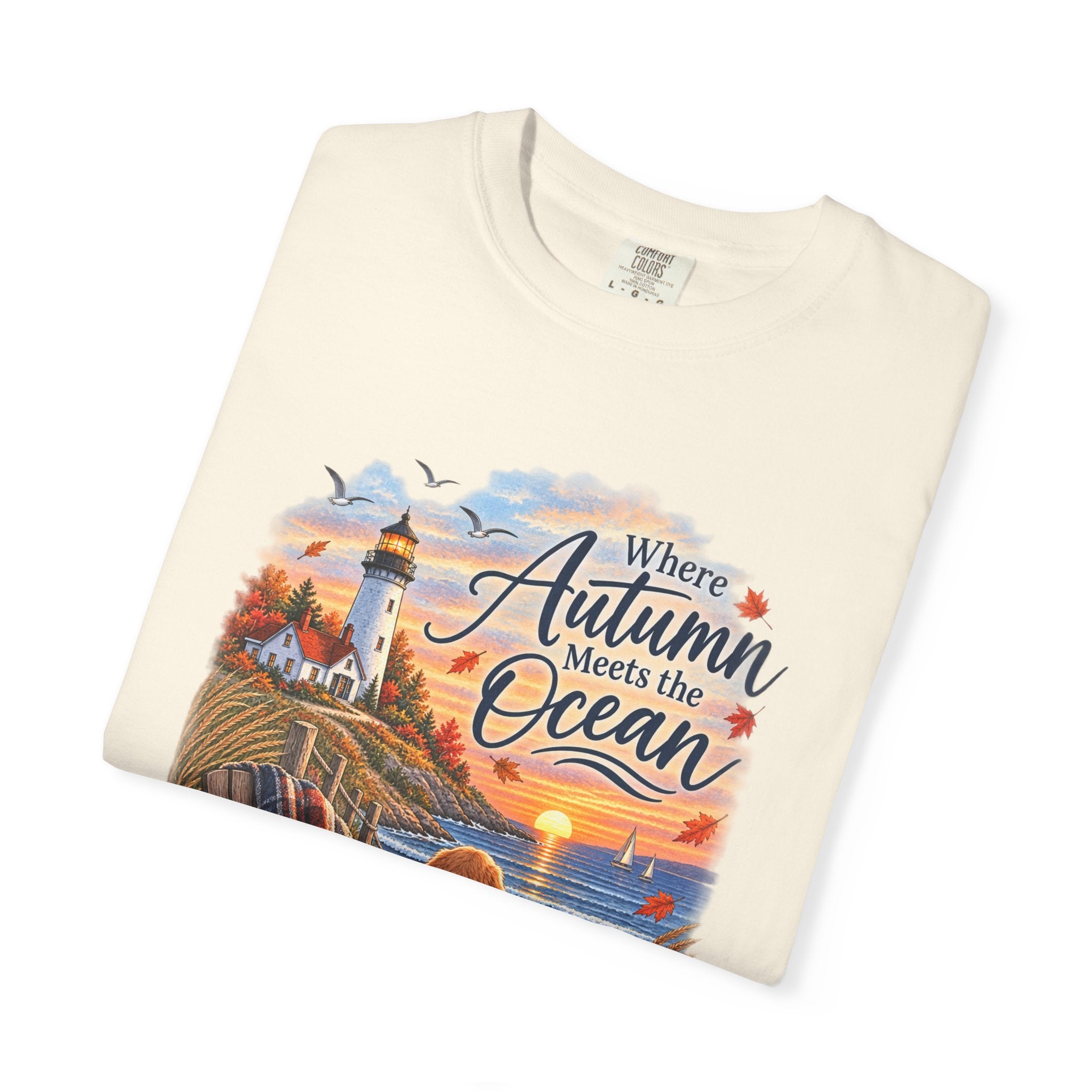 Autumn Meets the Ocean T-Shirt — Cozy Coastal Fall Tee with Golden Retriever